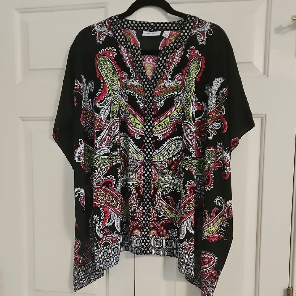 Susan Graver Black Paisley Tunic with Magenta and Green Accents